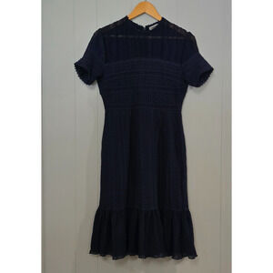Chelsea28 Dress Lacy Sheath‎ Midi Ruffle Hem Navy Blue Gauze Eyelet Size Large